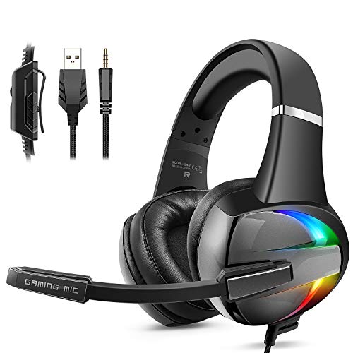 Beexcellent Cascos PS4, Auriculares con Micrófono Flexible, 50mm Driver Estéreo Envolventes, Orejeras Cómodas Iluminación RGB para PS4 Xbox One PC Tablet