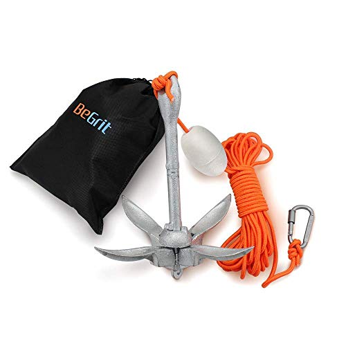 BeGrit Kit de Anclaje de Barco pequeño, Plegable, Acero al Carbono, para Canoa Jet, esquí, Sup y Tabla de Paddle,1,5 kg con Bolsa de Transporte de Cuerda de Remolque de 10 m