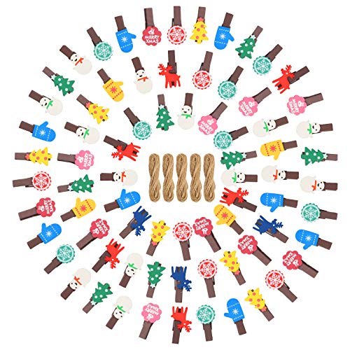 BELIOF 60 Piezas de Pinzas para la Ropa de Navidad alfileres de Madera Multicolores Mini Clip para Fotos y 5 Piezas de Hilo de Yute para decoración navideña DIY