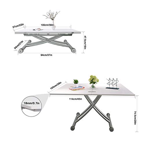 Beliwin - Mesa de centro elevable, altura ajustable, mesa de comedor, color blanco