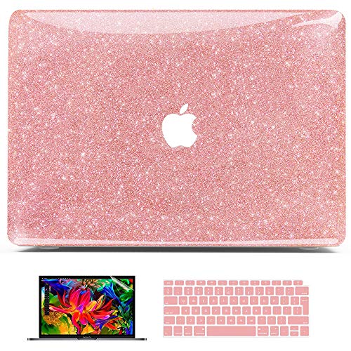 BELK Funda para MacBook Air 13 Pulgadas 2020 2019 2018 Modelo: A2179 A1932, pailletées Rígida Protecta de la Carcasa + Teclado Cubierta (EU Layout) + Protector de Pantalla, Brillante Oro Rosa