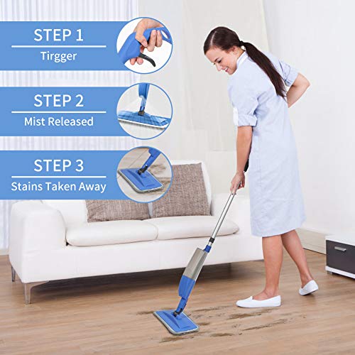 Bellababy Mopa Fregona, Spray Mop con Una Botella de Spray Recargable y 4 Almohadillas de Repuesto para Trapeador, Trapeador Plano para el Hogar, Cocina, Madera Dura, Madera, Cerámica, 450 ml, Azul