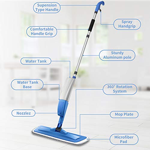 Bellababy Mopa Fregona, Spray Mop con Una Botella de Spray Recargable y 4 Almohadillas de Repuesto para Trapeador, Trapeador Plano para el Hogar, Cocina, Madera Dura, Madera, Cerámica, 450 ml, Azul