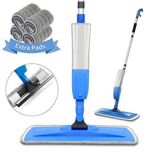 Bellababy Mopa Fregona, Spray Mop con Una Botella de Spray Recargable y 4 Almohadillas de Repuesto para Trapeador, Trapeador Plano para el Hogar, Cocina, Madera Dura, Madera, Cerámica, 450 ml, Azul