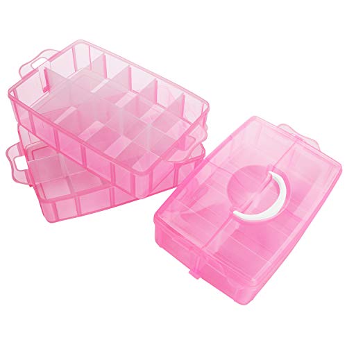 BELLE VOUS Caja Almacenamiento Plastico Rosado 3 Niveles - Ranuras de Compartimentos Ajustables - Caja Organizadora Plastico Transparente - Máximo 30 Compartimentos - Guardar Juguetes Joyas, Cuentas