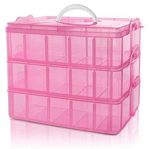 BELLE VOUS Caja Almacenamiento Plastico Rosado 3 Niveles - Ranuras de Compartimentos Ajustables - Caja Organizadora Plastico Transparente - Máximo 30 Compartimentos - Guardar Juguetes Joyas, Cuentas