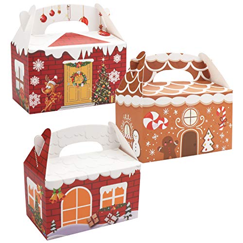Belle Vous Caja para Regalo de Navidad (Pack de 24) 15,3x15,3x8,8 cm- Caja de Chuches Regalo en Forma de Casa con Asa - 3 Diseños, 8 Piezas C/U - Caja Navidad Autoensamblado, Dulces, Trufas, Galletas