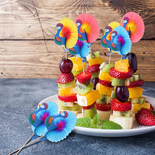 BELLE VOUS Pavo Real Cocteles (75 Piezas) - 3 Colores Palitos de Madera Decorativos Pavo Real 15.3cm para Aperitivos, Cocteles, Frutas, Cupcakes, Postres, Decoración de Bodas, Cumpleaños y Fiestas