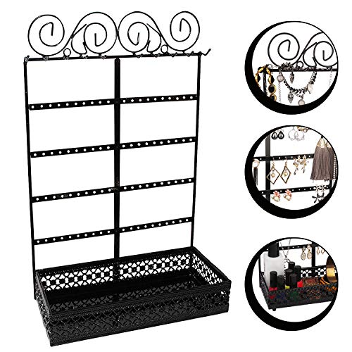 BELLE VOUS Soportes para Joyas - (26x40x12cm) Soporte Expositor de Joyas Metal con contenedor Rectangular, 10 Ganchos y 80 Agujeros - Organizador Colgante de Pared para Collares, Pendientes (Negro)