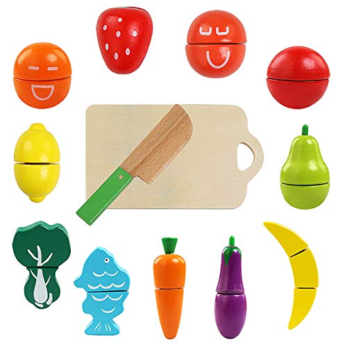 BelleStyle Juguetes Cortar Frutas Verduras de Madera, Gastronomia Saludable, Sin Toxico Juguetes Educativos para 3+ Nino (Magic Stickers)