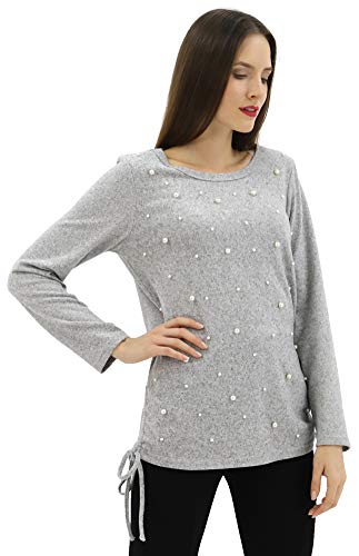 BENANCY Blusa casual de manga larga con adornos de perlas para mujer Gris gris 42