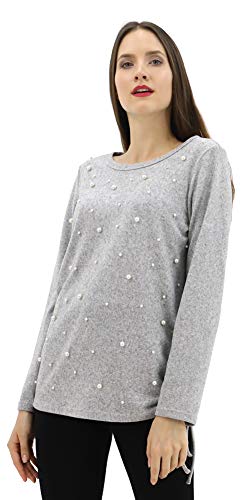 BENANCY Blusa casual de manga larga con adornos de perlas para mujer Gris gris 42