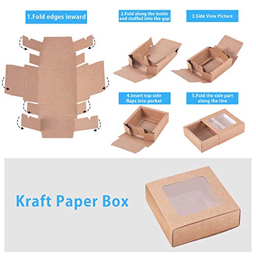 BENECREAT 20 Piezas Caja Marrón de Cartón Kraft con Ventana Transparente 7.5x7.5x3cm Cajas de Regalo para Fiesta Superior Envase de Joyería, Dulce, Pastel