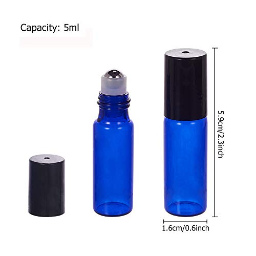 BENECREAT 30 Pack 5ml Botella Azul de Vidrio Botellas de Rodillos de Aceites Esenciales Equipado con 4 Embudos y 10 PCS Cuentagotas de Plástico