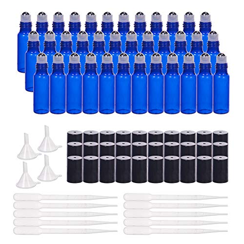 BENECREAT 30 Pack 5ml Botella Azul de Vidrio Botellas de Rodillos de Aceites Esenciales Equipado con 4 Embudos y 10 PCS Cuentagotas de Plástico