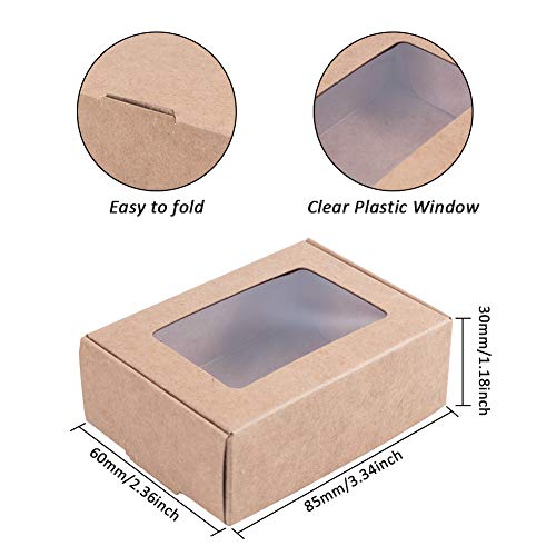 BENECREAT 30 Pack Caja Marrón de Cartón Plegabe con Ventana Transparente 8.5x6x3cm Caja de Joyería de Regalo Envase Superior para Pastel, Chocolate y Galleta