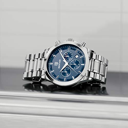 BENYAR Reloj de Pulsera Hombre | Reloj de Cuarzo analógico de Acero Inoxidable con cronógrafo | 30M Reloj Resistente al Agua y a los arañazos - Caja Plateada con Esfera Azul