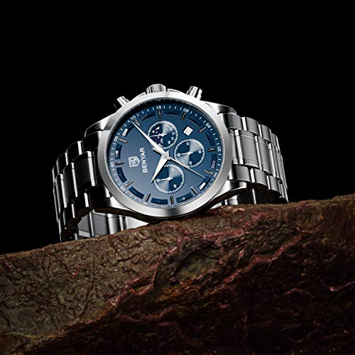 BENYAR Reloj de Pulsera Hombre | Reloj de Cuarzo analógico de Acero Inoxidable con cronógrafo | 30M Reloj Resistente al Agua y a los arañazos - Caja Plateada con Esfera Azul