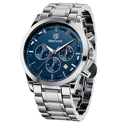 BENYAR Reloj de Pulsera Hombre | Reloj de Cuarzo analógico de Acero Inoxidable con cronógrafo | 30M Reloj Resistente al Agua y a los arañazos - Caja Plateada con Esfera Azul