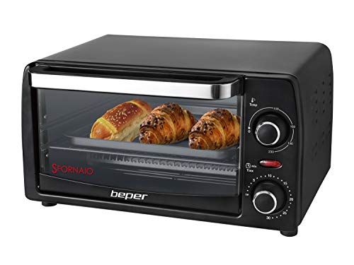 Beper 90.882 - Horno Eléctrico de 12L, Elementos de Calentamiento de Cuarzo, Temperatura Ajustable hasta 230°C, Temporizador Ajustable hasta 30 Minutos, Apagado Automático, Parrilla y Bandeja Incluida