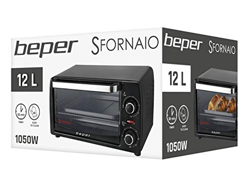 Beper 90.882 - Horno Eléctrico de 12L, Elementos de Calentamiento de Cuarzo, Temperatura Ajustable hasta 230°C, Temporizador Ajustable hasta 30 Minutos, Apagado Automático, Parrilla y Bandeja Incluida