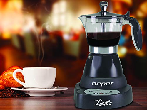 Beper - Lucilla Cafetera Eléctrica de Aluminio Programable de 3 Tazas, Temporizador, Café Caliente durante 30 minutos, Programable hasta 24 h, Negro