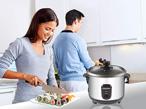 Beper - Olla Arrocera y Vaporera de Acero 2 en 1, Capacidad 1 L para 625 gr de Arroz, Sistema de Mantenimento del Calor, Medidor y Cuchara para el Arroz, Plata y Negro