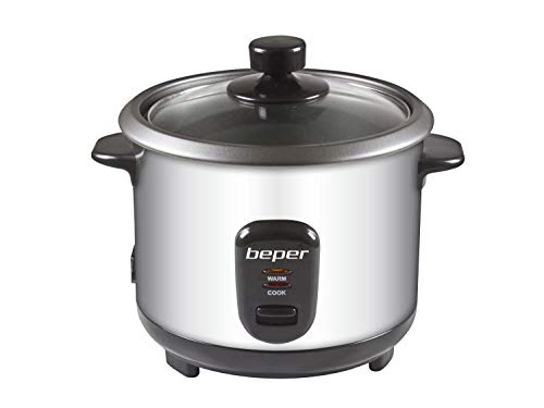 Beper - Olla Arrocera y Vaporera de Acero 2 en 1, Capacidad 1 L para 625 gr de Arroz, Sistema de Mantenimento del Calor, Medidor y Cuchara para el Arroz, Plata y Negro