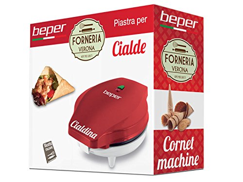 Beper - Plancha para Cono de Helado, Máquina para Hacer Gofres, Plancha Antiadherente de 18 cm, 700 W de Potencia, Accesorio en Forma de Cono Incluido, Rojo y Blanco