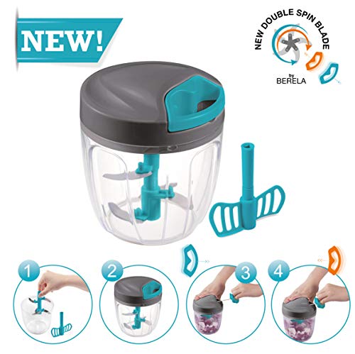 BERELA HOME Picadora y Batidora Manual Xtrem MAX -5 con Doble Grio de Cuchillas, Picadora Manual de Verduras y Alimentos de 900 ml, Cortador de verdura con 5 Cuchillas de Acero Inoxidable.