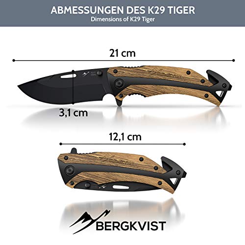 BERGKVIST® Navaja de Bolsillo K29 Tiger 3-en-1 Navaja Plegable I Navajas de albacete con Mango de Madera I Cuchillo de Caza con Funda & afilador (K29 Tiger) (K29 Tiger)