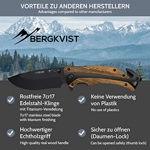 BERGKVIST® Navaja de Bolsillo K29 Tiger 3-en-1 Navaja Plegable I Navajas de albacete con Mango de Madera I Cuchillo de Caza con Funda & afilador (K29 Tiger) (K29 Tiger)