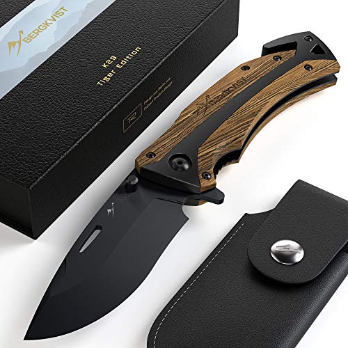 BERGKVIST® Navaja de Bolsillo K29 Tiger 3-en-1 Navaja Plegable I Navajas de albacete con Mango de Madera I Cuchillo de Caza con Funda & afilador (K29 Tiger) (K29 Tiger)