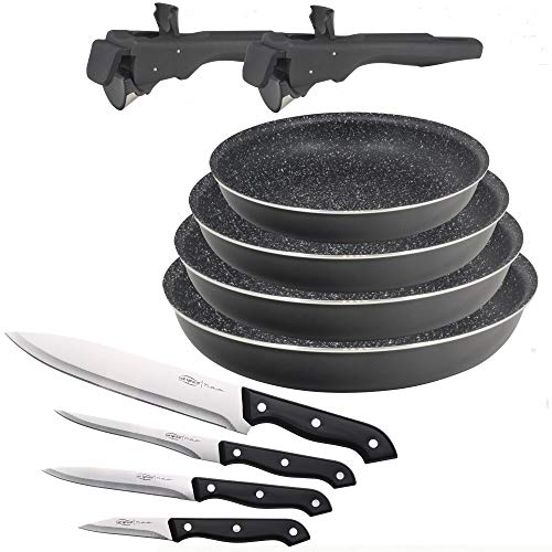 Bergner PK1526 Set 4 cuchillos cocina + 4 sartenes 20/24/26/28 CON 2 mangos Click&Cook, aluminio prensado, aptas para inducción