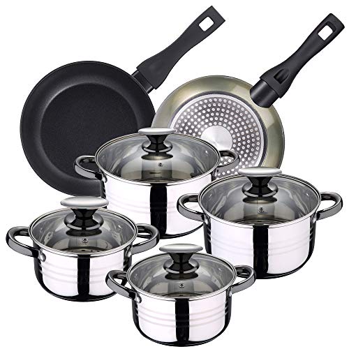 Bergner PK1925 batería de Cocina 4 cacerolas con Tapas de Vidrio, más Set 2 sartenes 20/24 cms-aptas para inducción, Acero Inoxidable/Aluminio Forjado, Verde