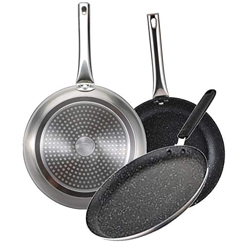 Bergner Set Neon Silver: sartenes Ø20 y Ø24 y para crepes Ø24 cm, aluminio forjado, antiadherente mármol, inducción, con mangos tubulares en acero inoxidable