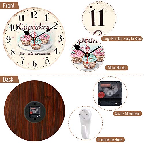 BERYART Reloj de pared silencioso sin tictac, movimiento de cuarzo de 14 pulgadas, reloj de pared de madera, decorativo para cocina, sala de estar, comedor, dormitorio, oficina (reloj de cupcakes)