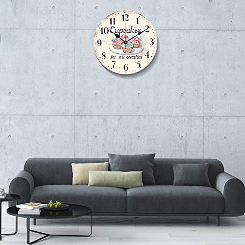 BERYART Reloj de pared silencioso sin tictac, movimiento de cuarzo de 14 pulgadas, reloj de pared de madera, decorativo para cocina, sala de estar, comedor, dormitorio, oficina (reloj de cupcakes)