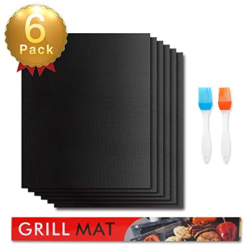 Besfair Esteras de Barbacoa, 6 Piezas Láminas de Parrilla para Barbacoas, Grill Mats Antiadherentes con 2 Pinceles. Resistente al Calor y Reutilizable. Ideal para Horno, BBQ, Parrilla, Asada