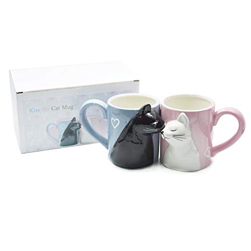 Beso gato Sistema de la taza de los pares del café,Conjunto de taza de cerámica de té divertido único para la novia y el novio, regalo a juego Para Cumpleaños,Aniversario,Boda,Día de San Valentín