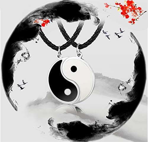 Besteel 3MM Collar Cuero Yin Yang para Hombre Mujer Colgante Taichi Acero Inoxidable Collar Pareja Cadena Cuero, 56+5CM
