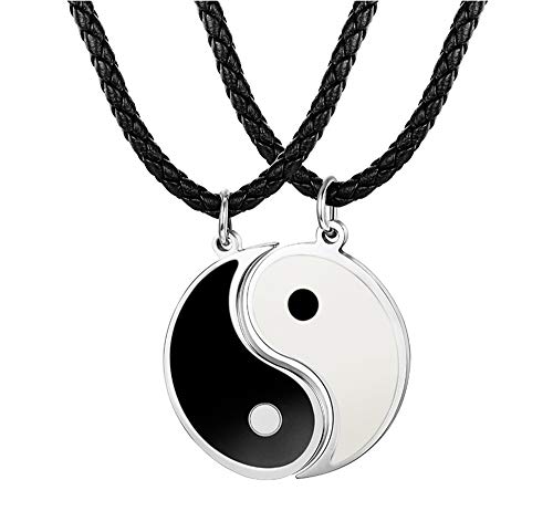 Besteel 3MM Collar Cuero Yin Yang para Hombre Mujer Colgante Taichi Acero Inoxidable Collar Pareja Cadena Cuero, 56+5CM