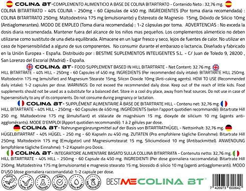 Bestme Colina Bt ✔ Bitartrato de Colina 250 Mg. Nootrópico Natural para la Memoria y Concentración . Nutriente Esencial Precursor de la Acetilcolina . Alta Biodisponibilidad. 60 Cápsulas