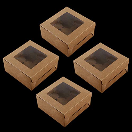 BESTonZON 10 unids 4 cavidades Kraft Papel Caja de la Magdalena contenedores de Postre panadería Pastel portadores con Inserto de Ventana para el hogar Postre Shop