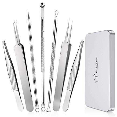 BESTOPE - Juego de 7 Piezas de Blackhead Remover Kit y Pinzas de Depilar para Acné Puntos NegrosPin Spot Extractor aguja Pinzas de cejas