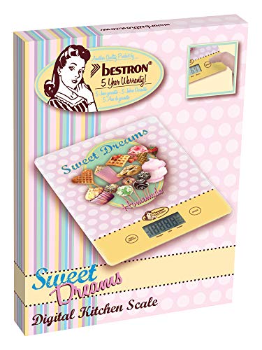 Bestron Báscula de Cocina Digital con Pantalla LCD, Diseño retro, Sweet Dreams, Capacidad 5 kg, Precisión sobre 1 g, Cristal, Rosa