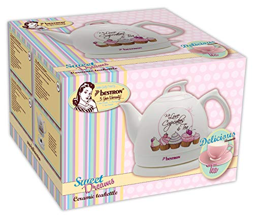 Bestron Sweet Dreams Tetera Hervidora de Agua, Diseño Retro, 1800 W, 0.8 litros, Cerámica, Blanco