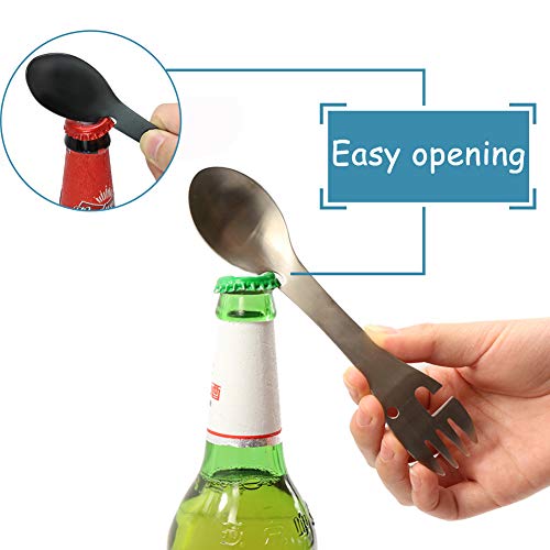 BESTZY Acero Inoxidable Spork, 2 Piezas Cuchara de Titanio Tenedor Cuchara Cuchillo Camping Abrebotellas para Acampada y Senderismo al Aire Libre (Negro y Plata)