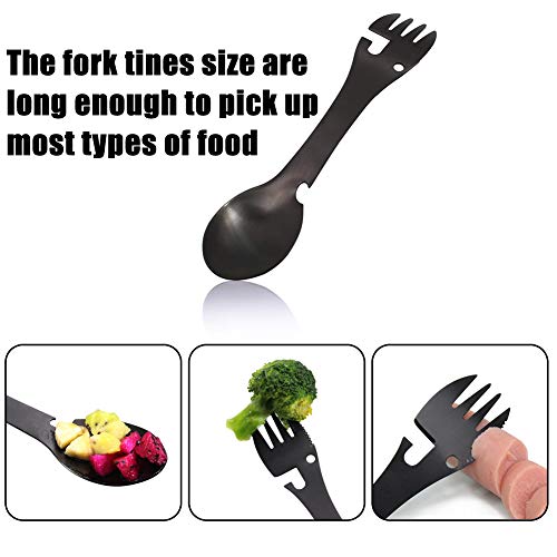 BESTZY Acero Inoxidable Spork, 2 Piezas Cuchara de Titanio Tenedor Cuchara Cuchillo Camping Abrebotellas para Acampada y Senderismo al Aire Libre (Negro y Plata)