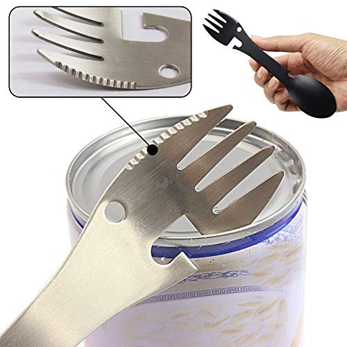 BESTZY Acero Inoxidable Spork, 2 Piezas Cuchara de Titanio Tenedor Cuchara Cuchillo Camping Abrebotellas para Acampada y Senderismo al Aire Libre (Negro y Plata)